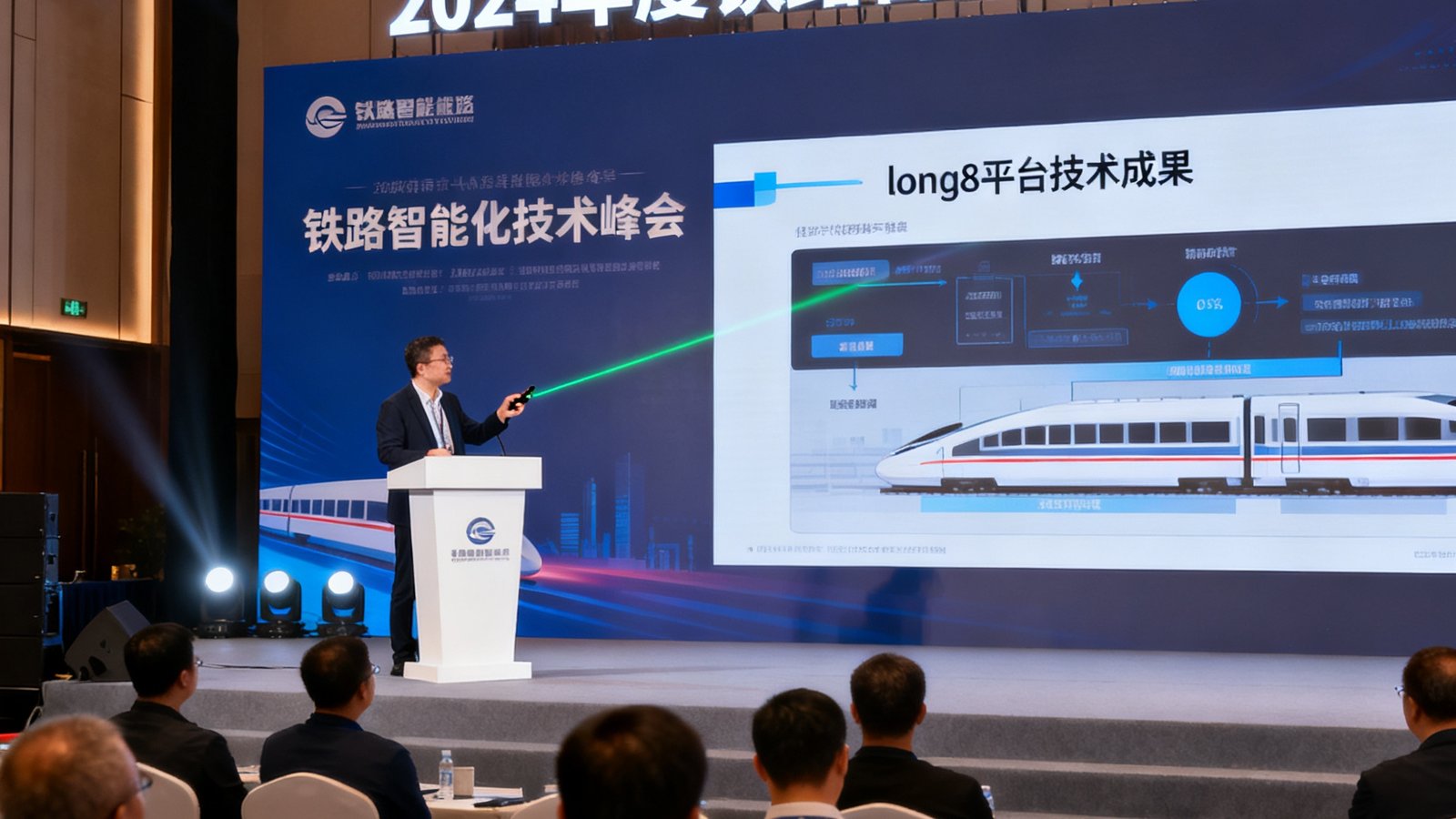 2024年度铁路智能化技术峰会上演讲者在舞台上分享long8平台技术成果的现场照片