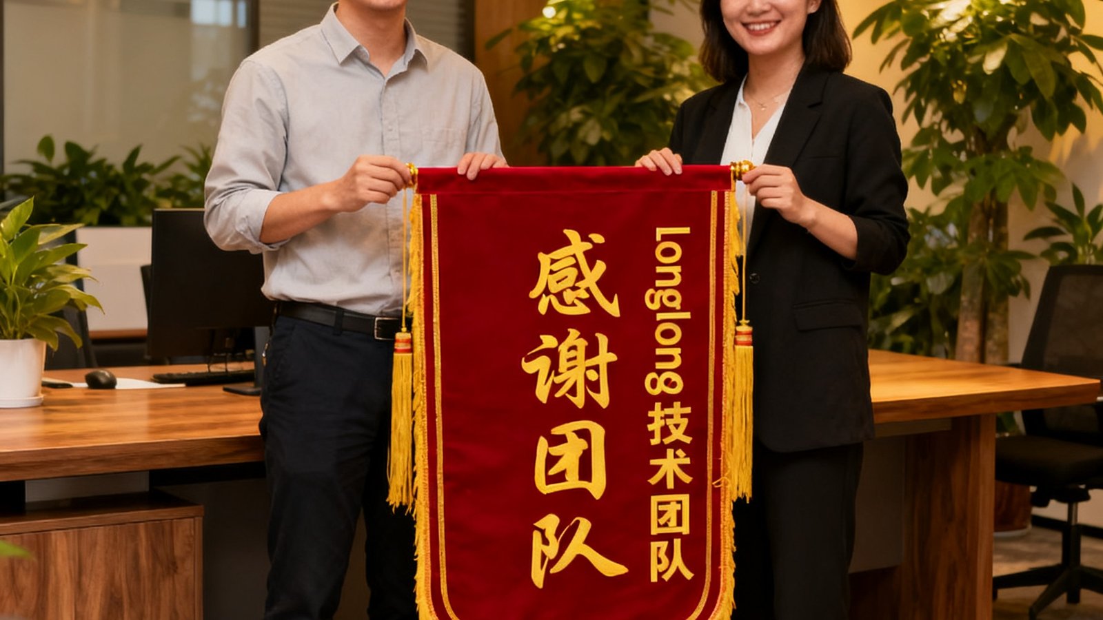 long8技术团队与客户代表手持感谢锦旗在办公室合影的温馨画面