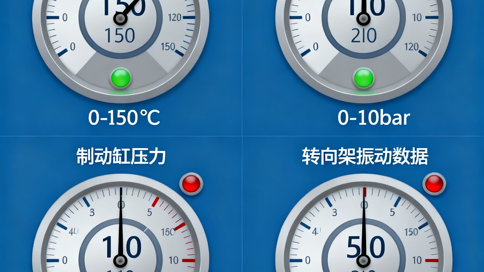 铁路车辆诊断监控系统界面显示车轮轴承温度、制动缸压力和转向架振动数据的仪表盘画面
